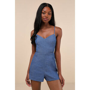 Lulus Sweet Position Blue Chambray Sleeveless Tie-back Romper - Size XS